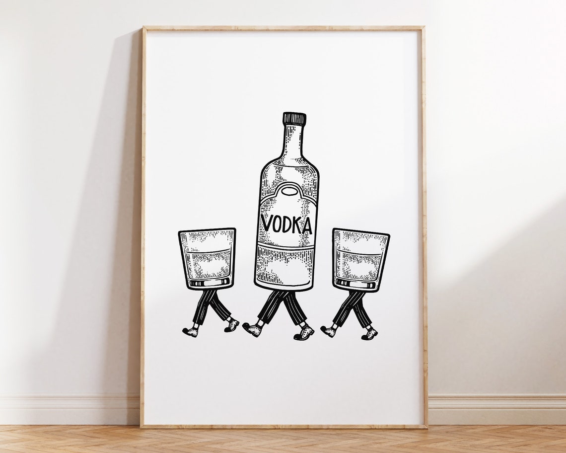 Walking Vodka Bottle Funny Retro Bar Cart Illustration Poster - Image 3