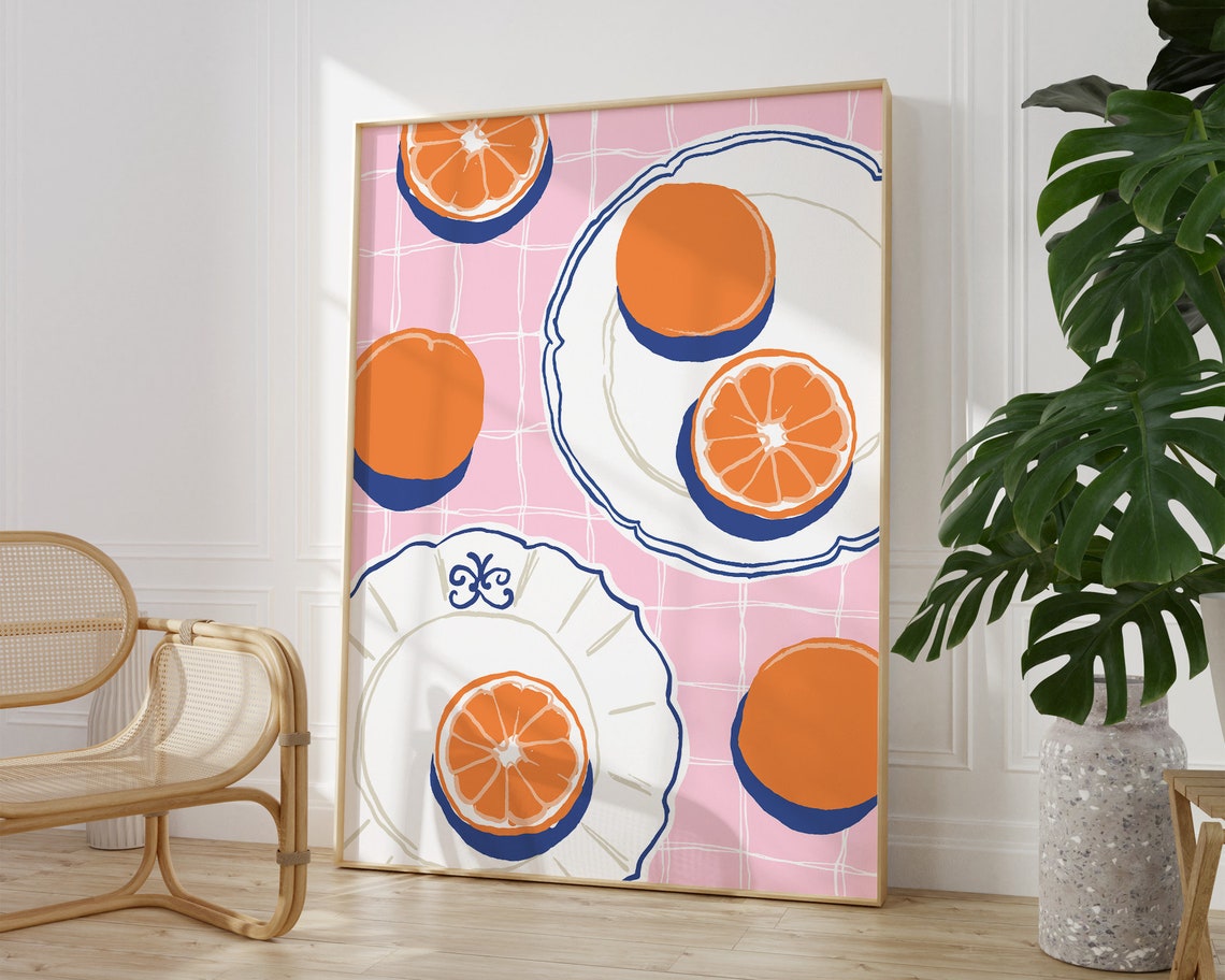 Orange Slices On Plates Mediterranean Fruit Pink Kitchen Art Poster - Image 2