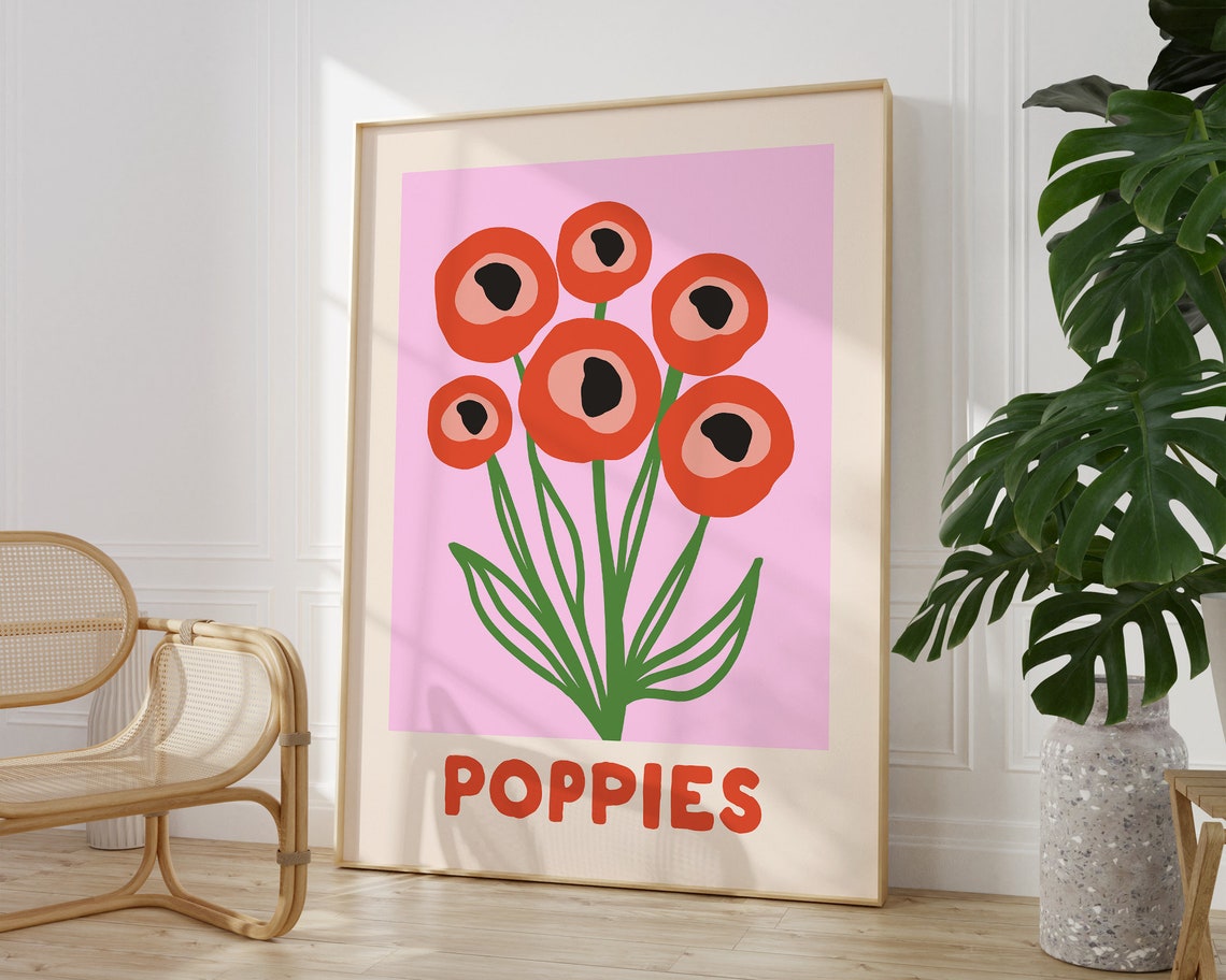 Bold Red Poppy Flower Bouquet Poppies Pink Botanical Art Poster