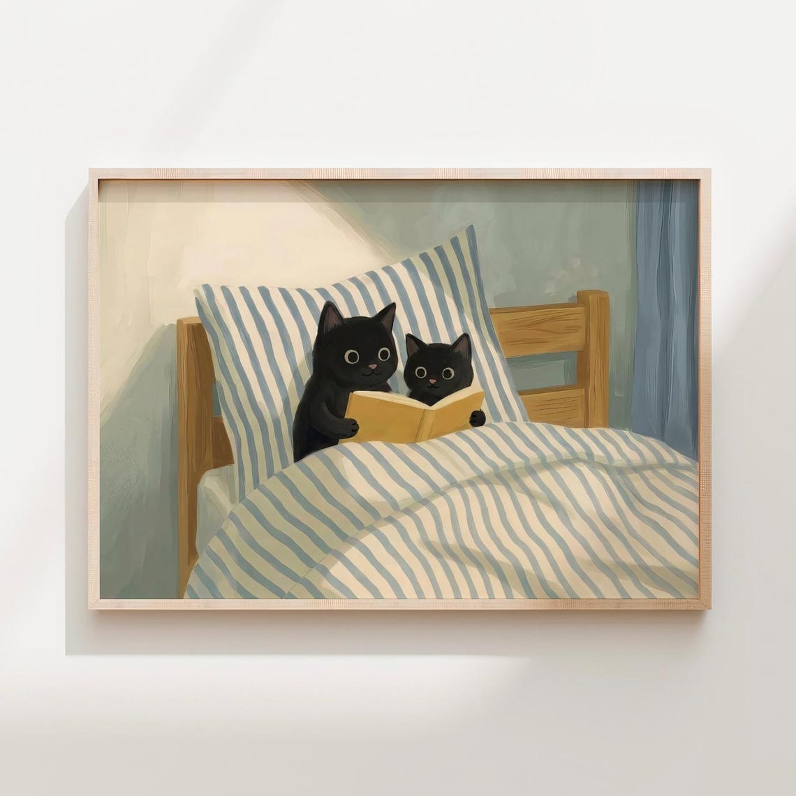 Black Cat Reading Book In Bed Print Cozy Nook Wall Art Whimsical Two Cats Cute Bookworm Gift Cottagecore Bedroom Poster