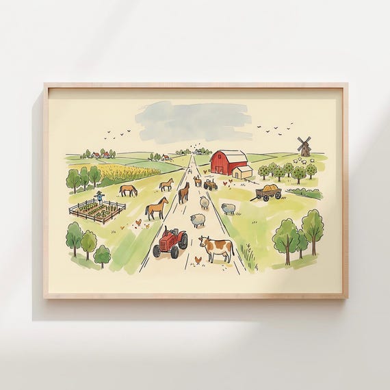 Farm Animal Nursery Horizontal Print Farmyard Landscape Wall Art Country Decor Cottagecore Kids Room Poster Digital Download