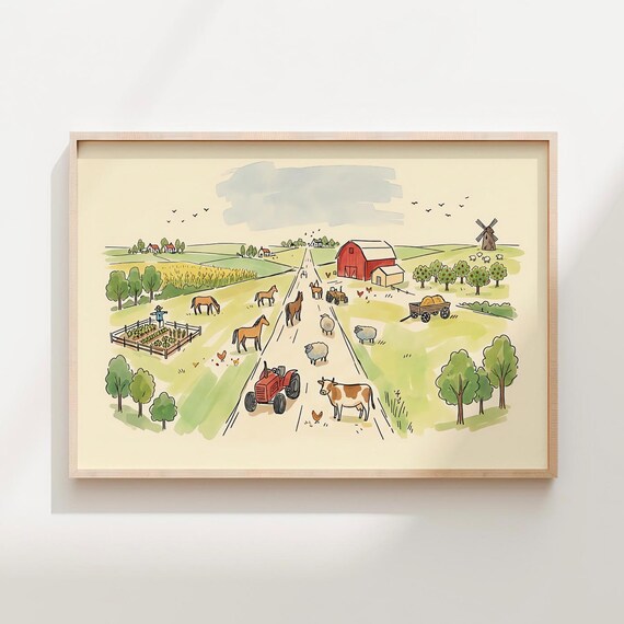 Farmyard Animals Watercolor Scene Poster Red Barn Tractor Nursery Decor