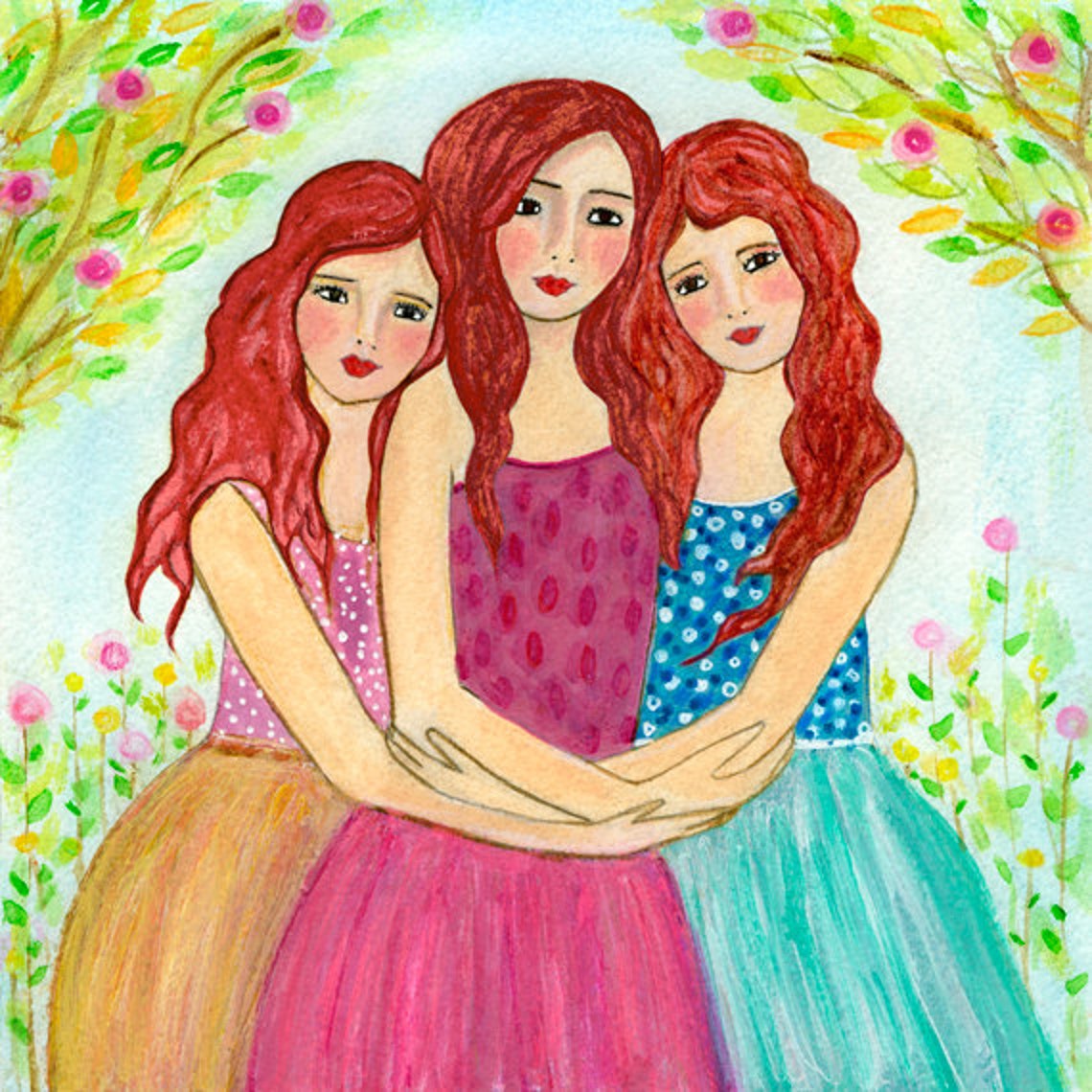 Three Sisters Hugging Tenderly Beneath Pink Blossom Branches Poster - Image 2
