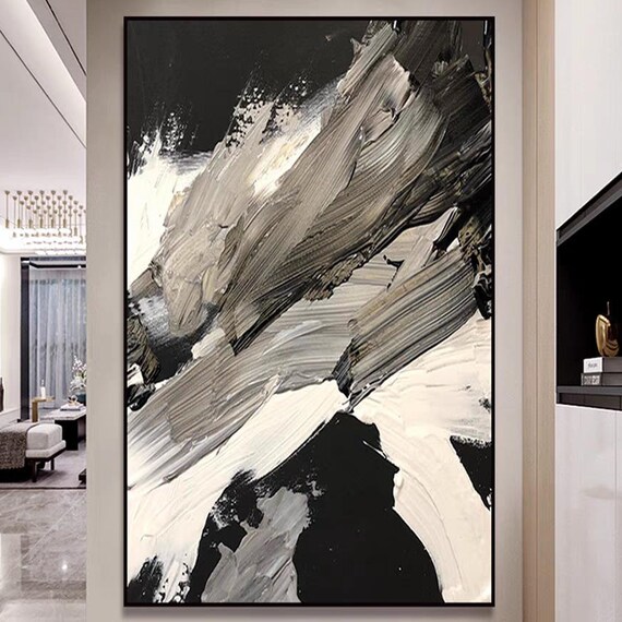 Extra Large Wall Decor Abstract Black White 3d Textured Painting Original Brush Stroke Hand Painted Artwork Large Vertical Acrylic Art