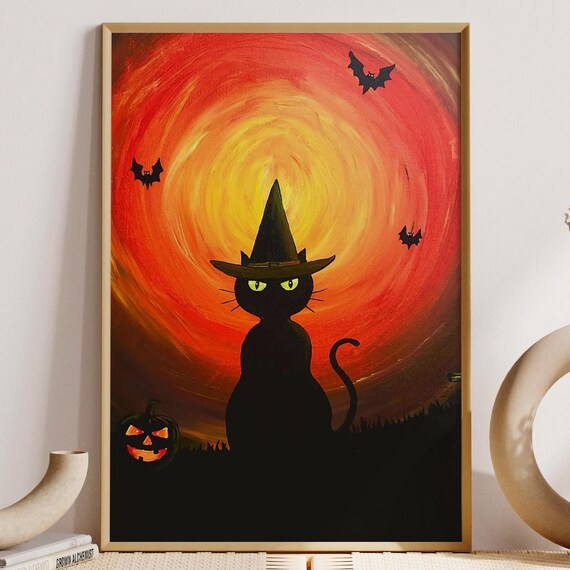 Black Cat In Witch Hat With Jackolantern Halloween Night Poster