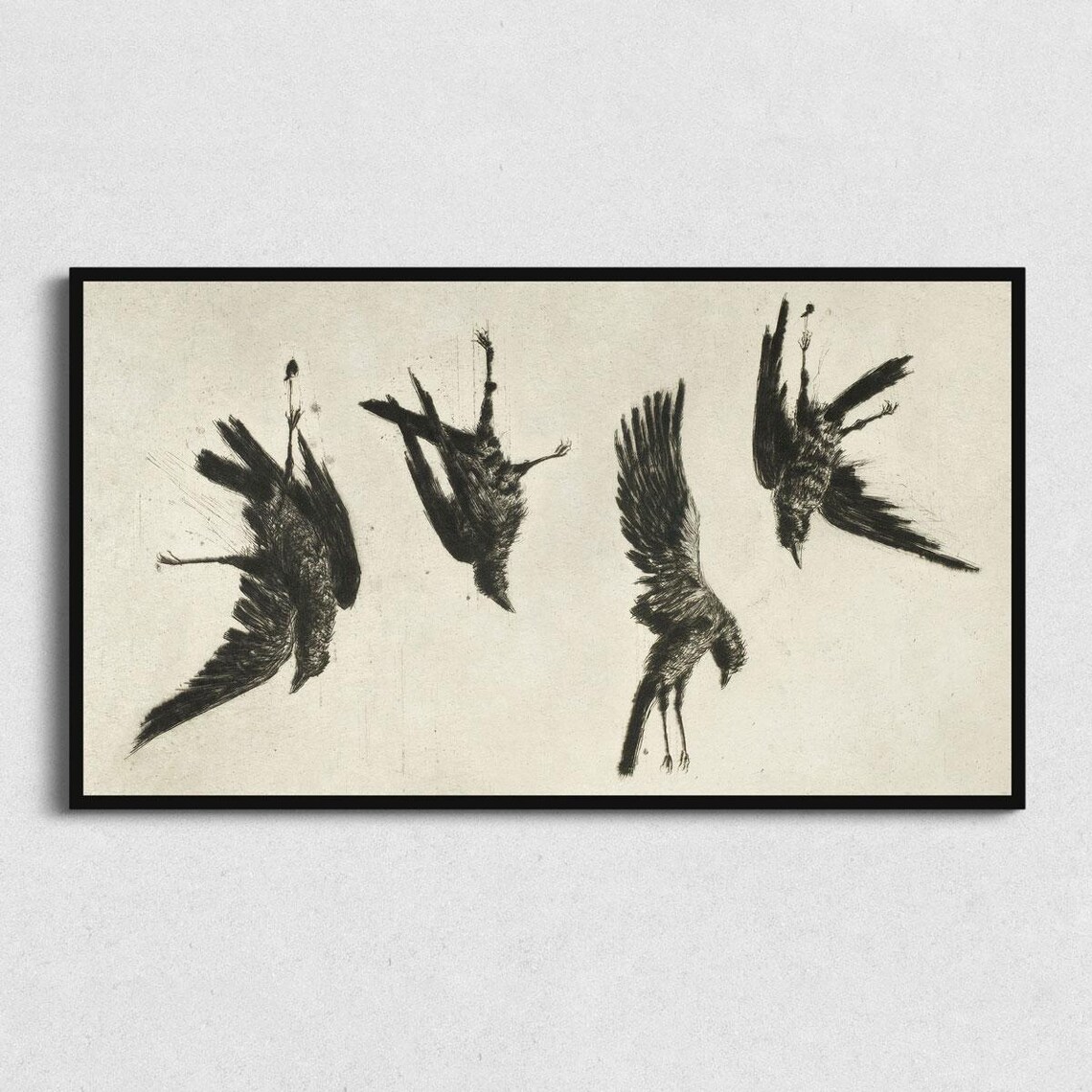 Halloween Falling Ravens, Monochrome Wall Art Print