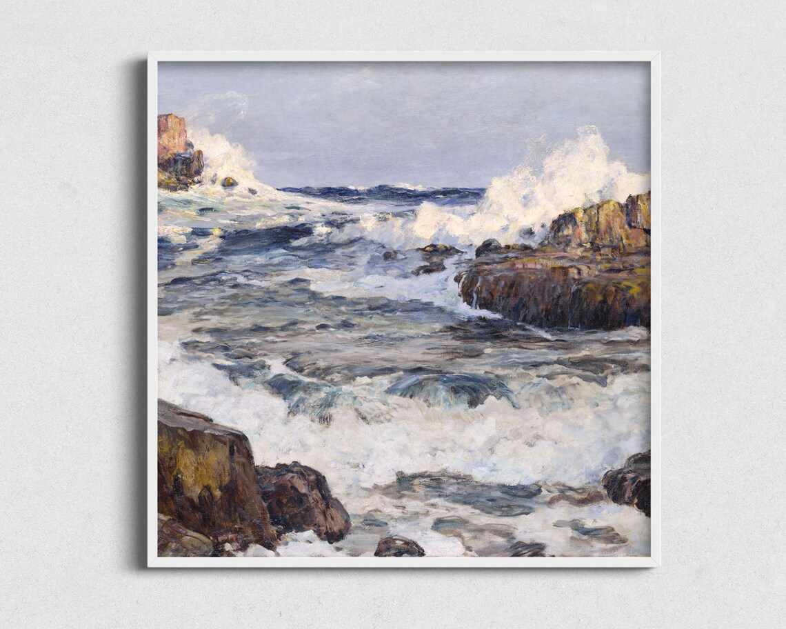 Ocean Surf Breaking Rocky Coast White Spray Vintage Square Seascape Painting Poster