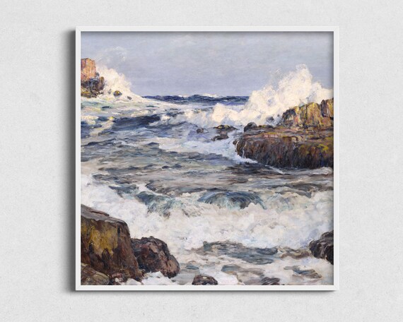 Ocean Surf Breaking Rocky Coast White Spray Vintage Square Seascape Painting Poster