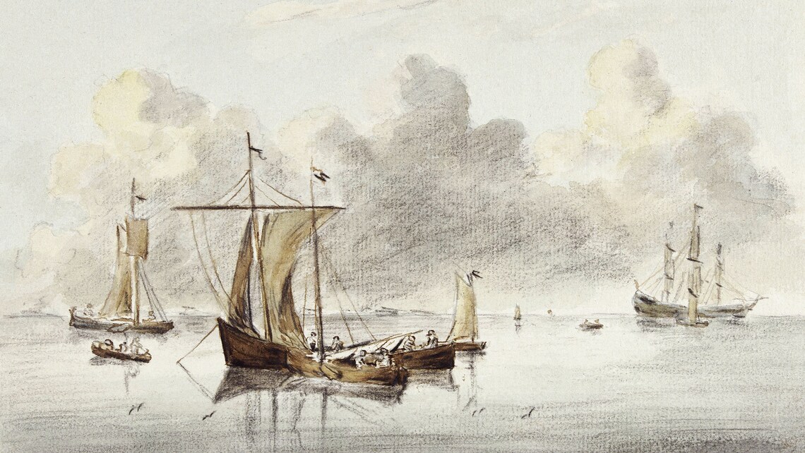 Antique Sailing Ships Harbor Sketch Sepia Ink Wash Art Print - Image 2