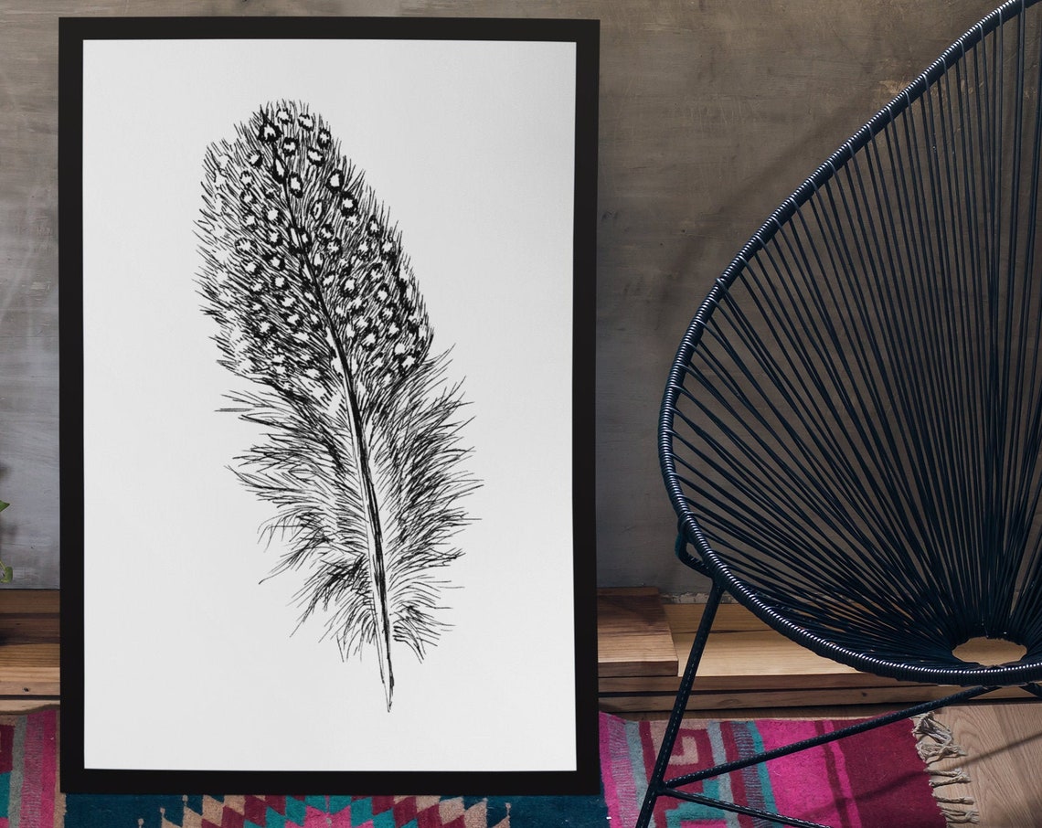 Peacock Feather Black and White Hand Drawn Nature Sketch Wall Art