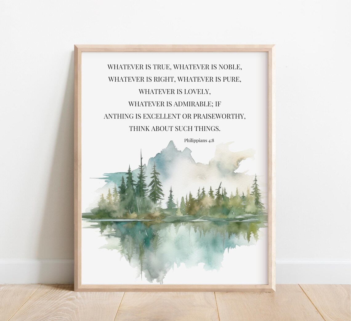 Philippians 4:8 Scripture Print, Watercolor Mountain