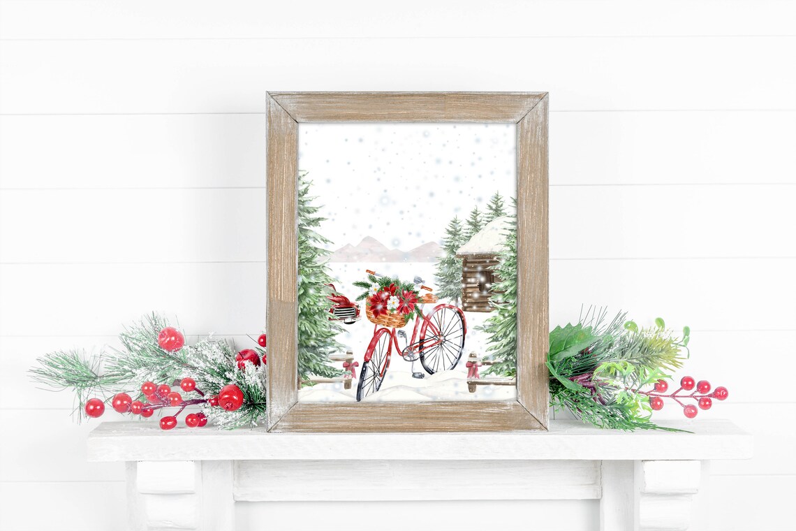 Winter Bicycle Woodland Wall Art 5x7 8x10 11x14 16x20 Holiday Decor Christmas Sign Cabin Rustic Floral Bike Country Diy Decor - Image 2