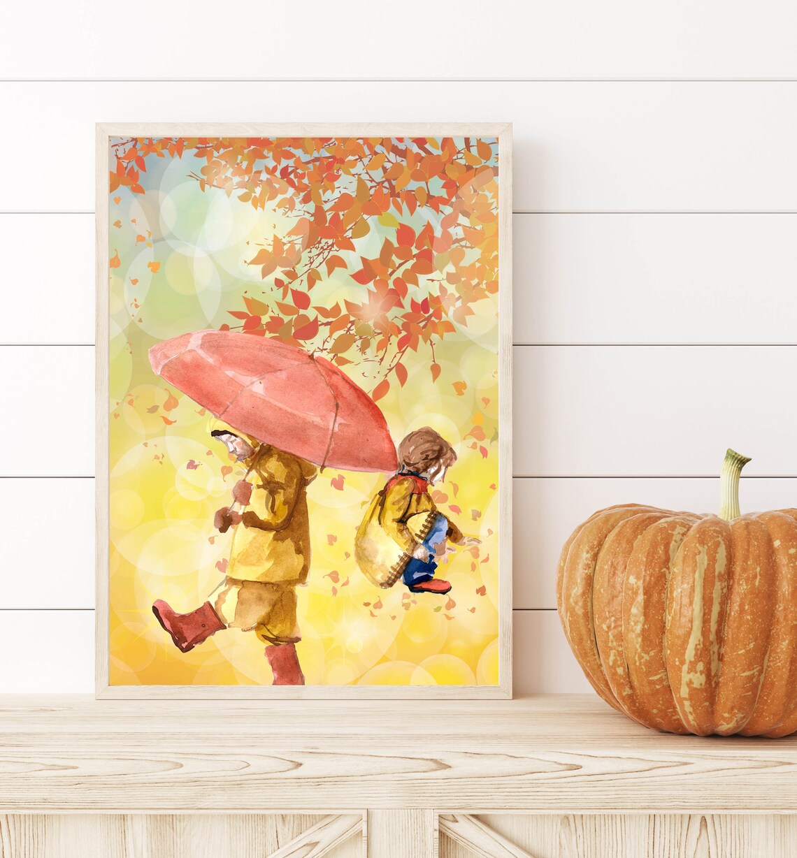 Children with Red Umbrella Autumn Rain Watercolor Kids Wall Art