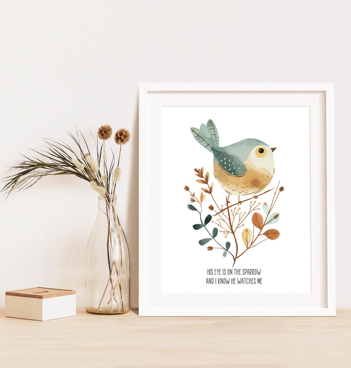 His Eye Is On the Sparrow Bird Hymn Quote Watercolor Wall Art - Image 3