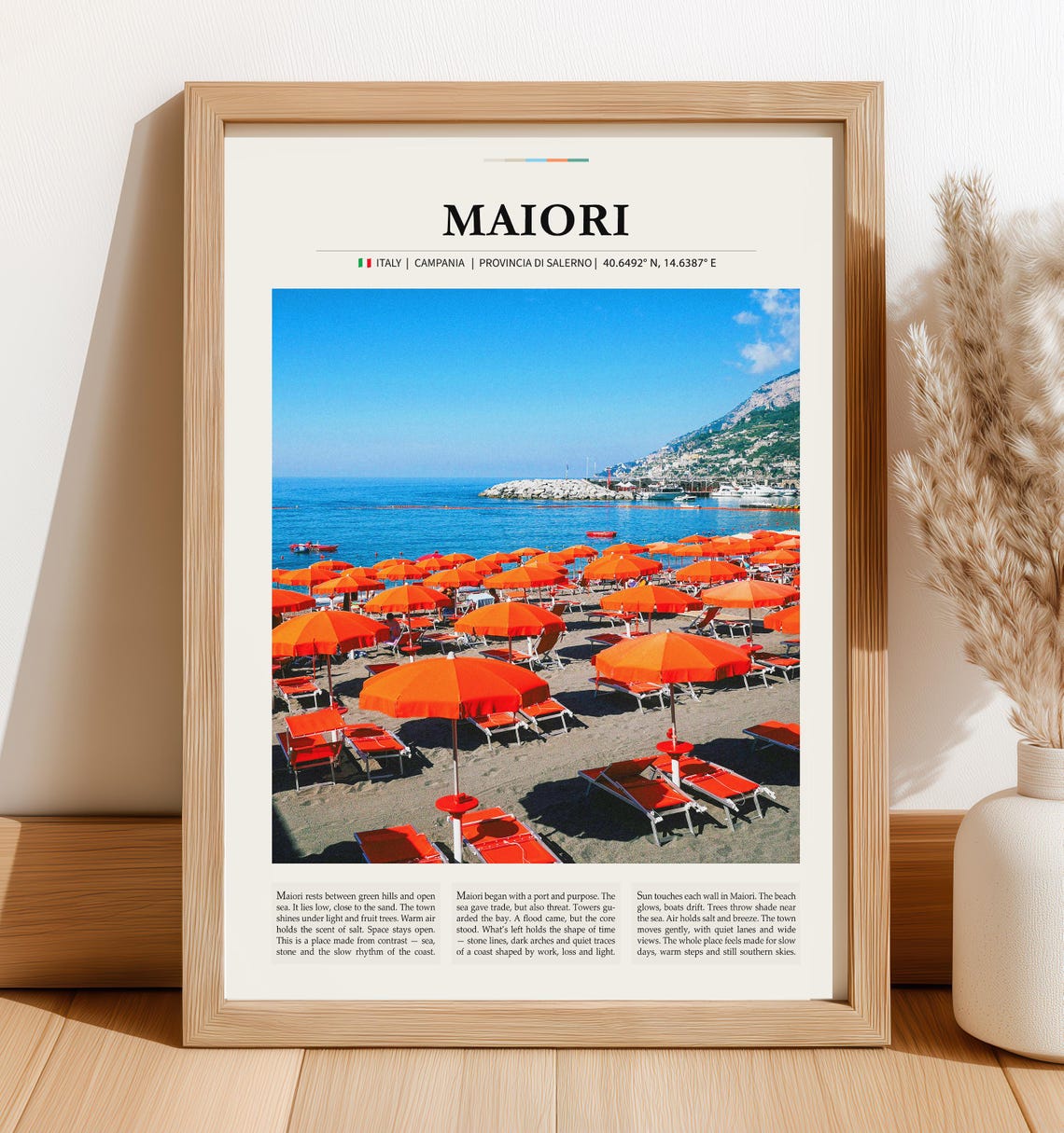Maiori Italy Amalfi Coast Orange Umbrellas Beach Travel Poster