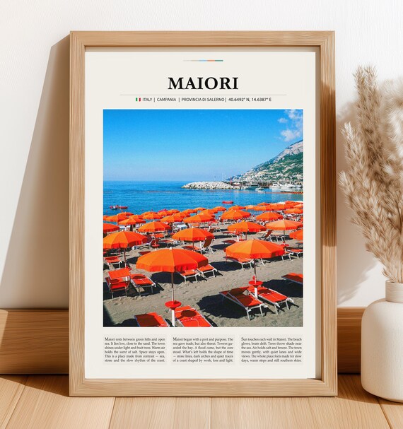 Maiori Italy Amalfi Coast Orange Umbrellas Beach Travel Poster