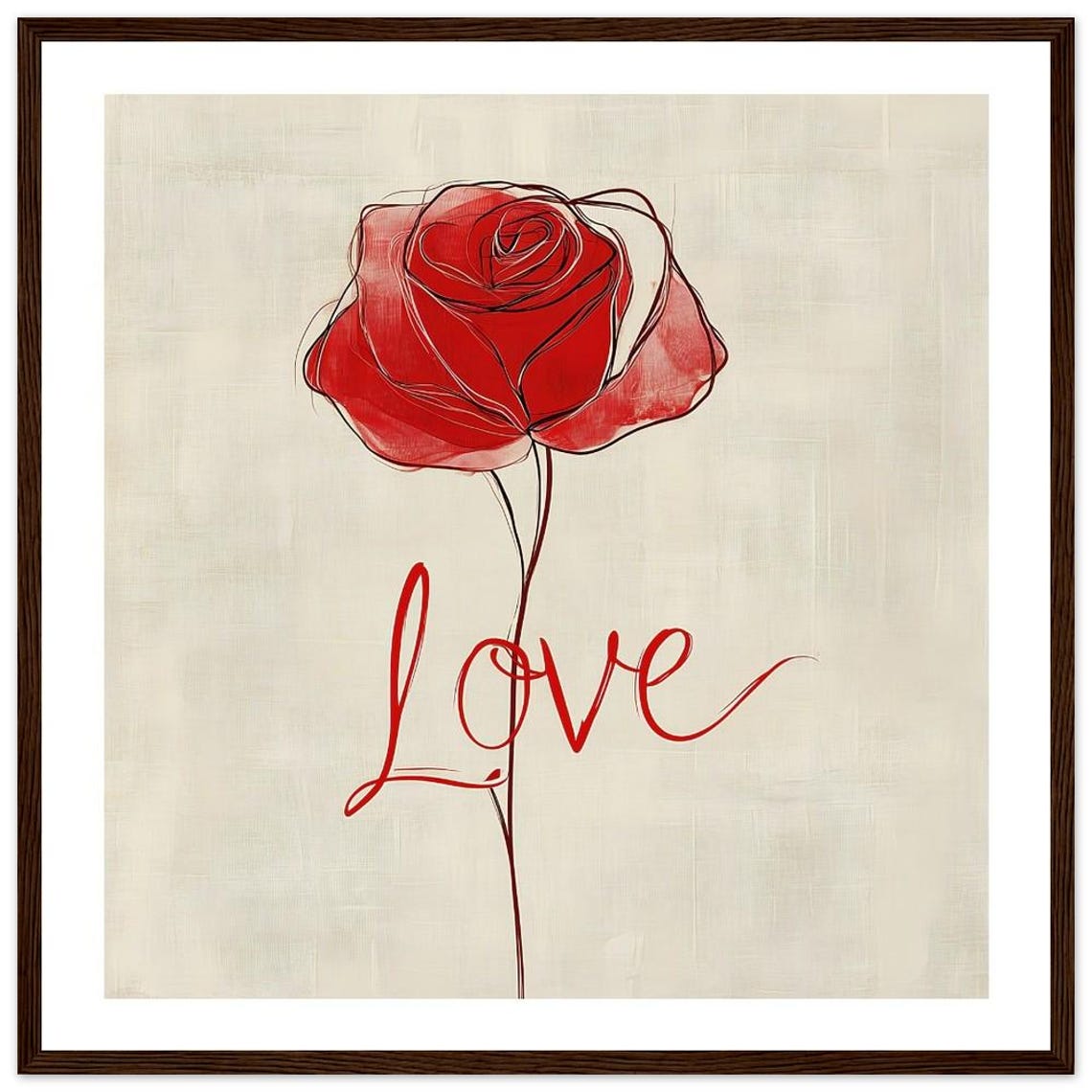 Red Rose Love Script Minimalist Romantic Line Art Wall Print