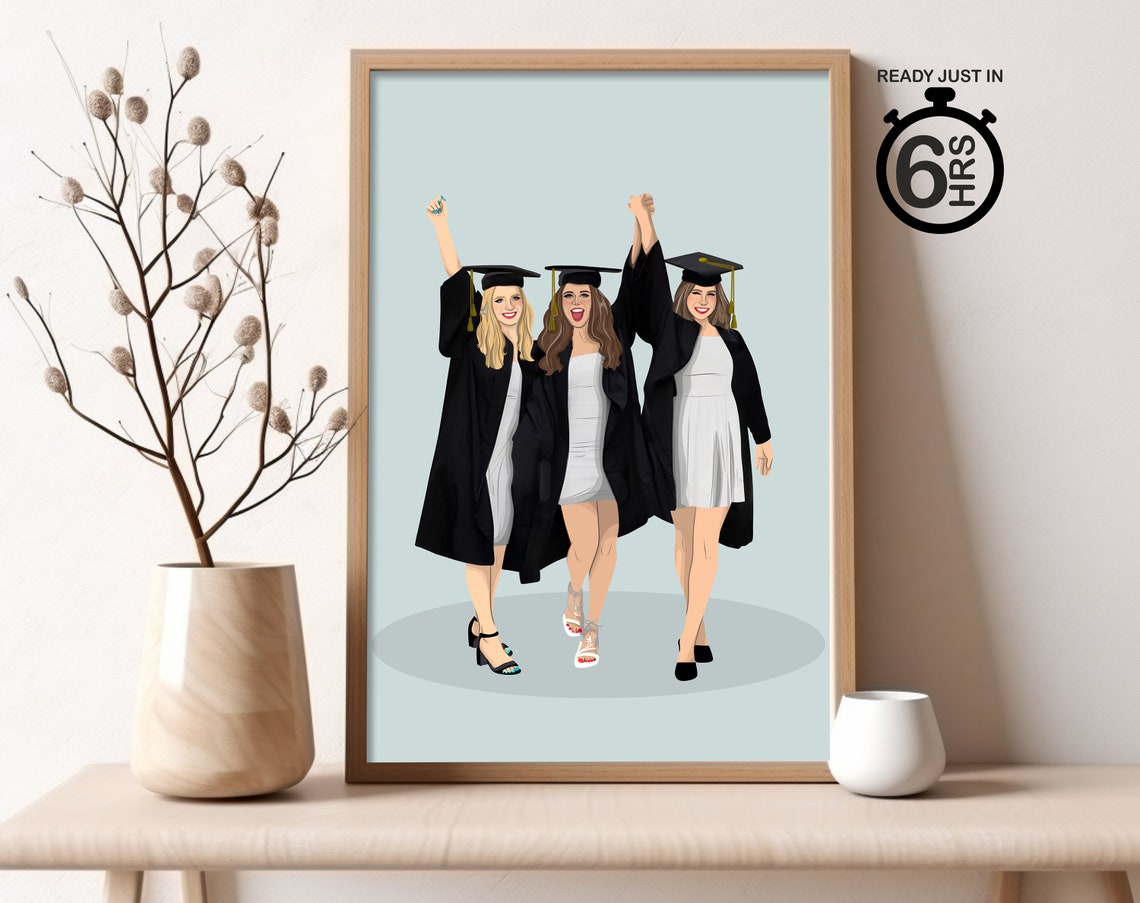 Three Graduate Friends In Caps And Gowns Celebration Portrait Poster