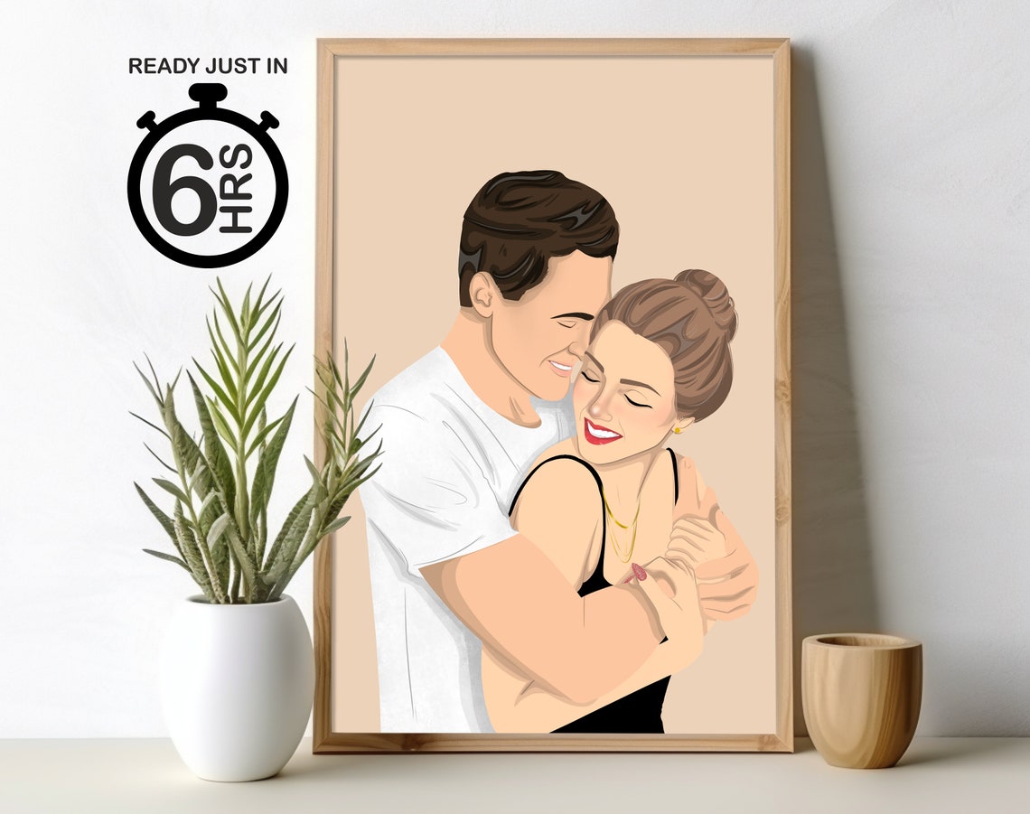 Couple Embracing Tender Hug Beige Vector Romantic Portrait Poster