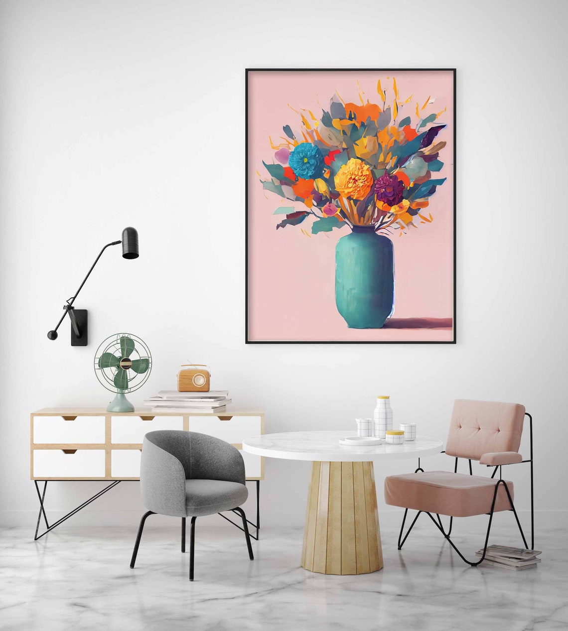 Colorful Flower Bouquet Teal Vase Pink Background Floral Poster - Image 2