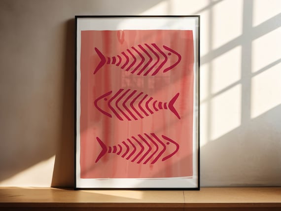 Three Fish Pink On Pink Sketched Fish Art With Watercolour Background