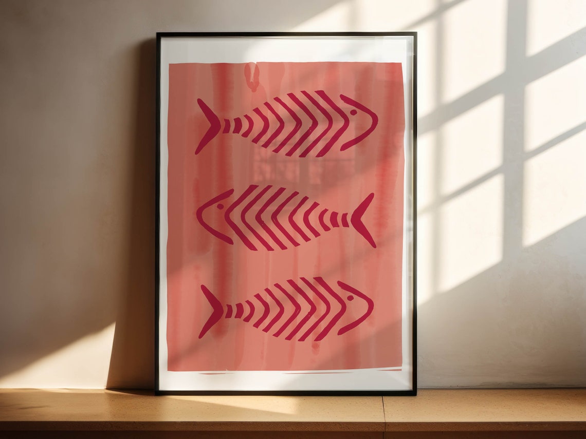 Three Red Fish Skeleton Coral Pink Watercolor Coastal Art Poster