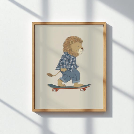 Cool Lion Skateboard Nursery Print Hip Animal Wall Art For Kids Room Urban Jungle Safari Decor