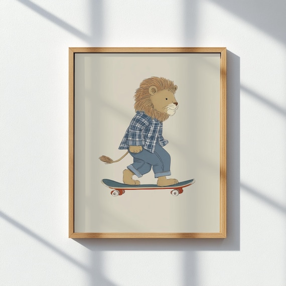 Cool Lion Skateboard Plaid Shirt Urban Jungle Safari Kids Room Poster