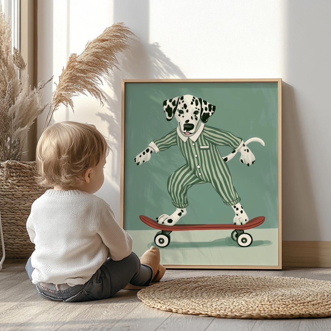 Skateboarding Dalmatian Pajamas Green Nursery Kids Room Poster