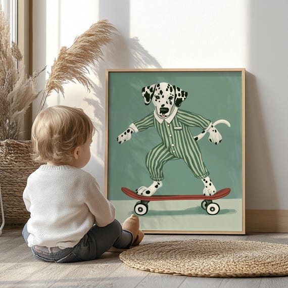 Cool Skateboarding Dalmatian Nursery Wall Art Playful Kids Room Print Retro Animal Decor Baby Arts Decorating