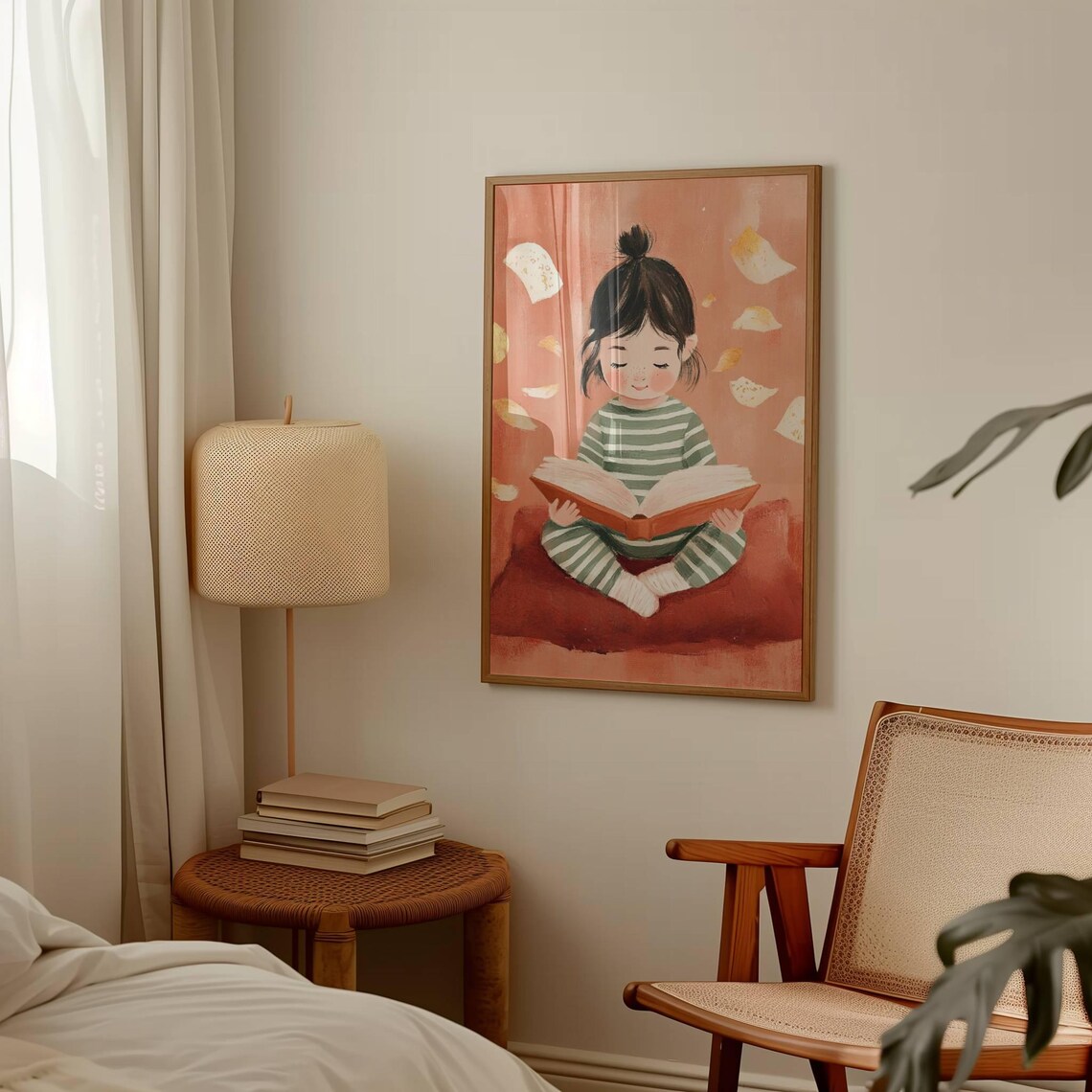Little Girl Reading Book in Striped Pajamas Kids Room Art Poster - Image 3