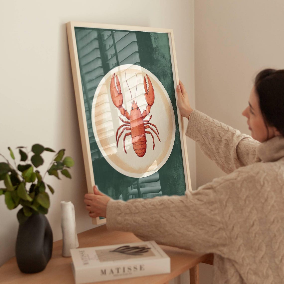 Lobster On Plate Kitchen Coastal Green Background Art Poster - Image 3