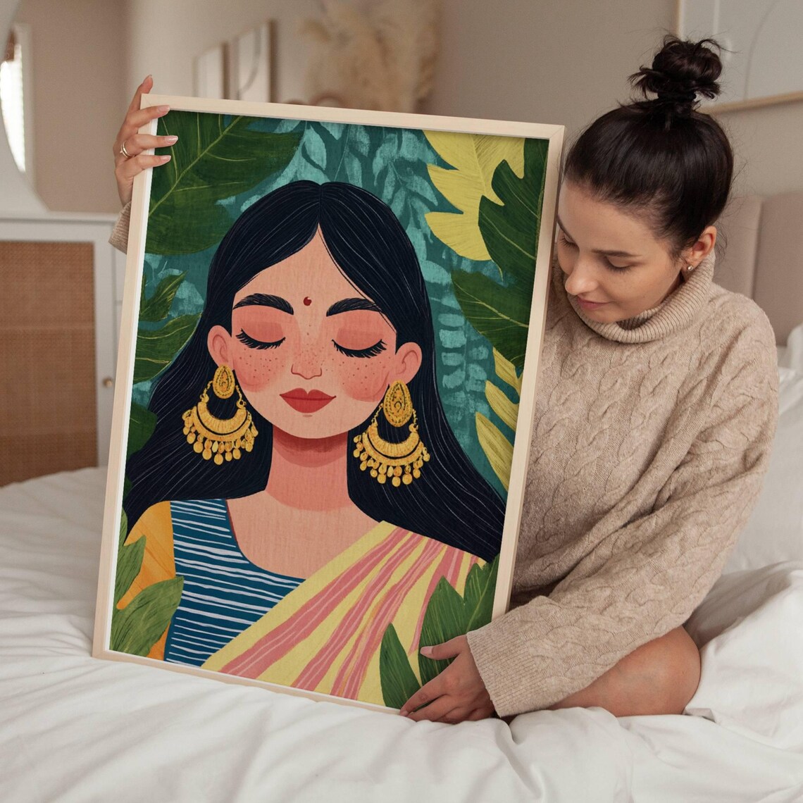 Indian Girl with Bindi Gold Earrings Sari Portrait Art Poster - Image 4