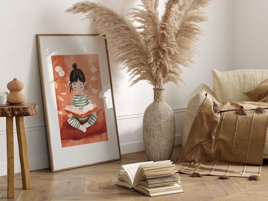 Little Girl Reading Book in Striped Pajamas Kids Room Art Poster - Image 4