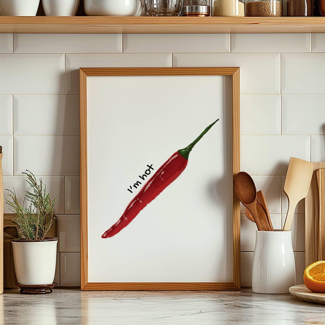 I'm Hot Red Chili Pepper Watercolor Funny Pun Modern Kitchen Poster
