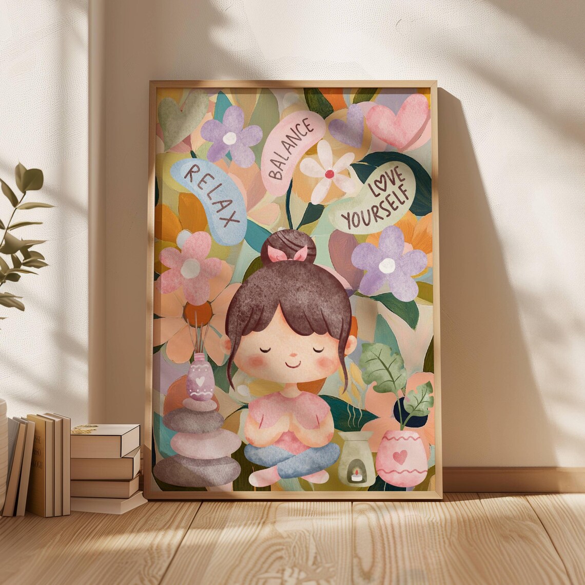 Relax Balance Love Yourself Meditating Girl Floral Mindfulness Poster
