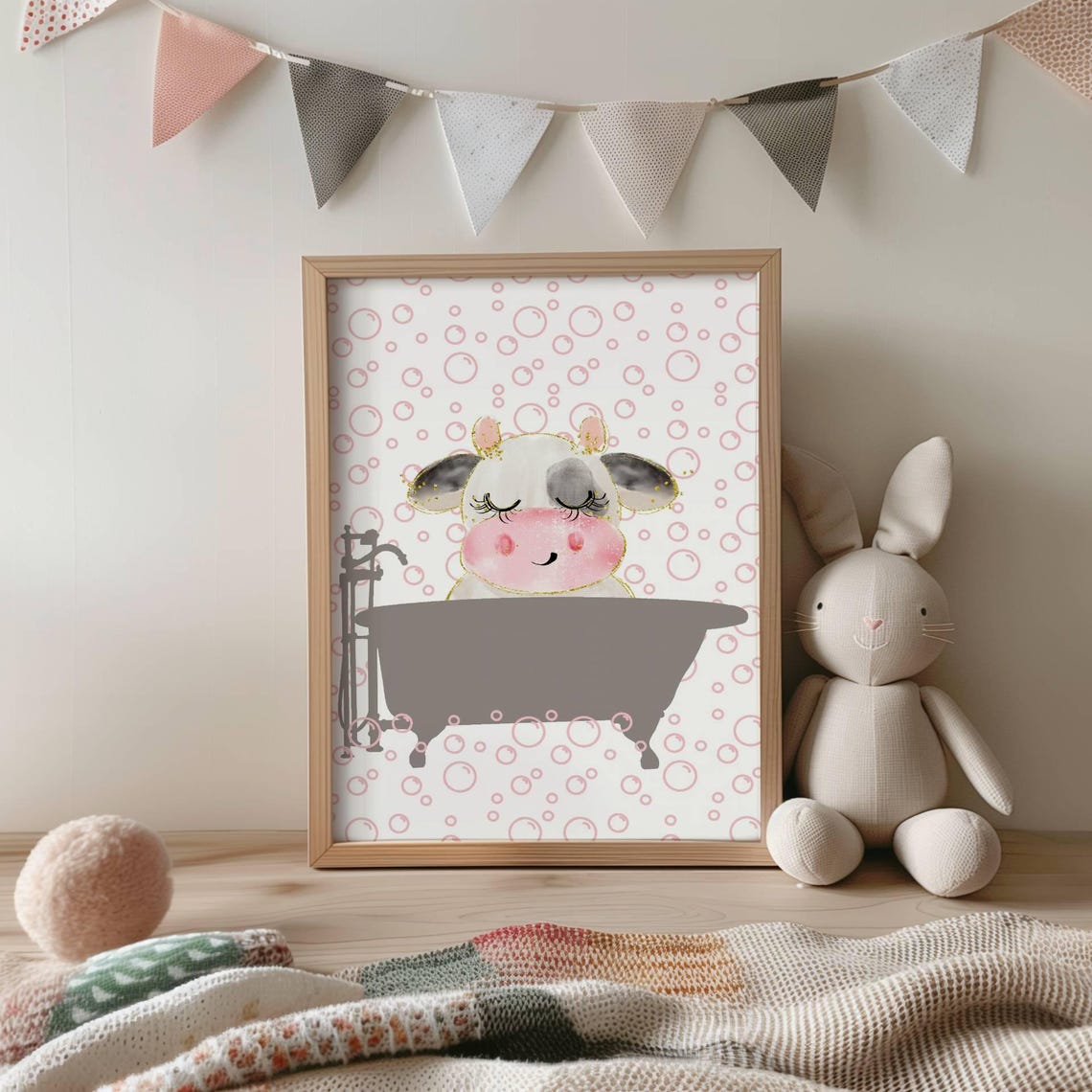 Cute Cow In Bathtub Pink Bubbles Watercolor Funny Bathroom Poster - Image 2