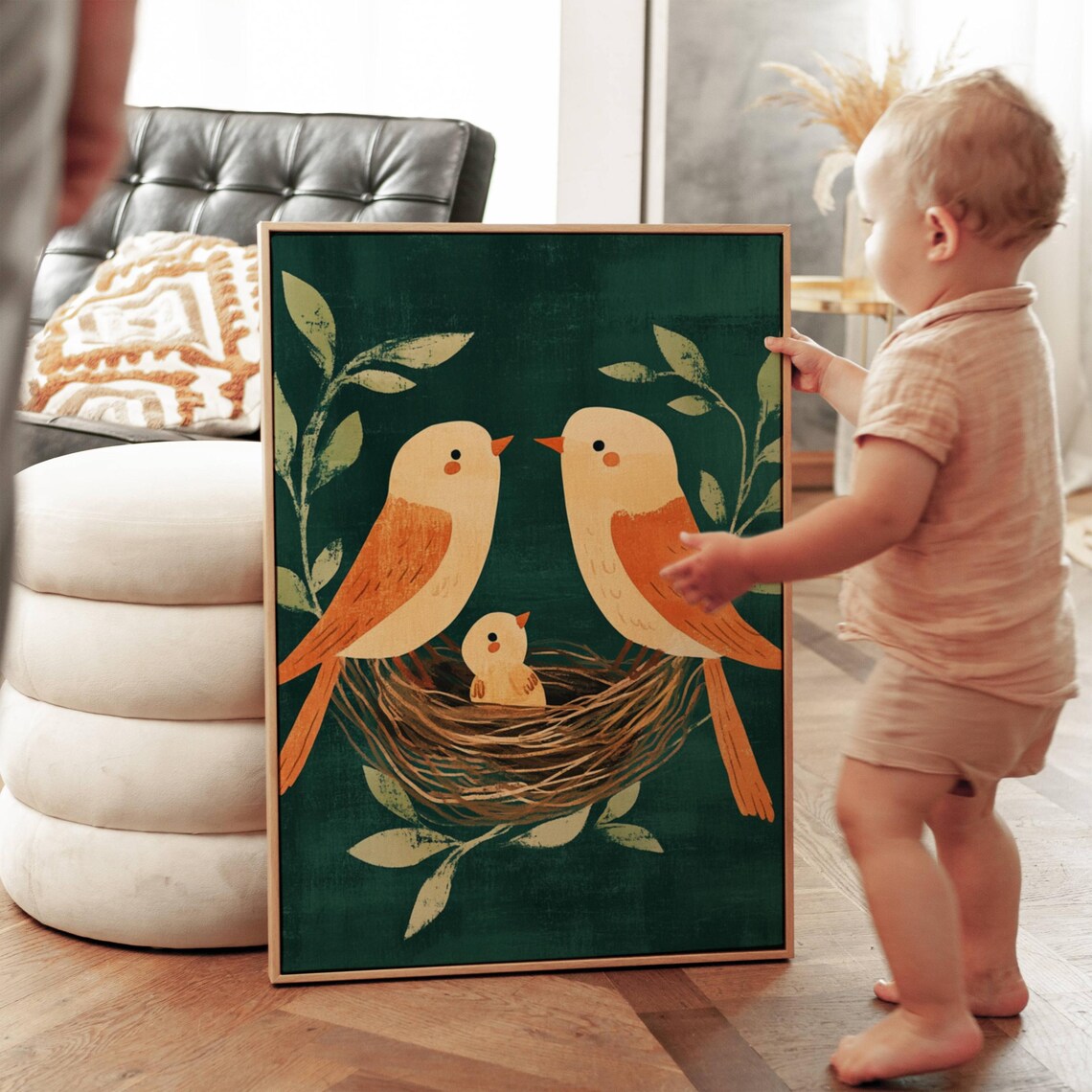 Two Birds With Chick In Nest Green Botanical Nursery Art Poster - Image 2