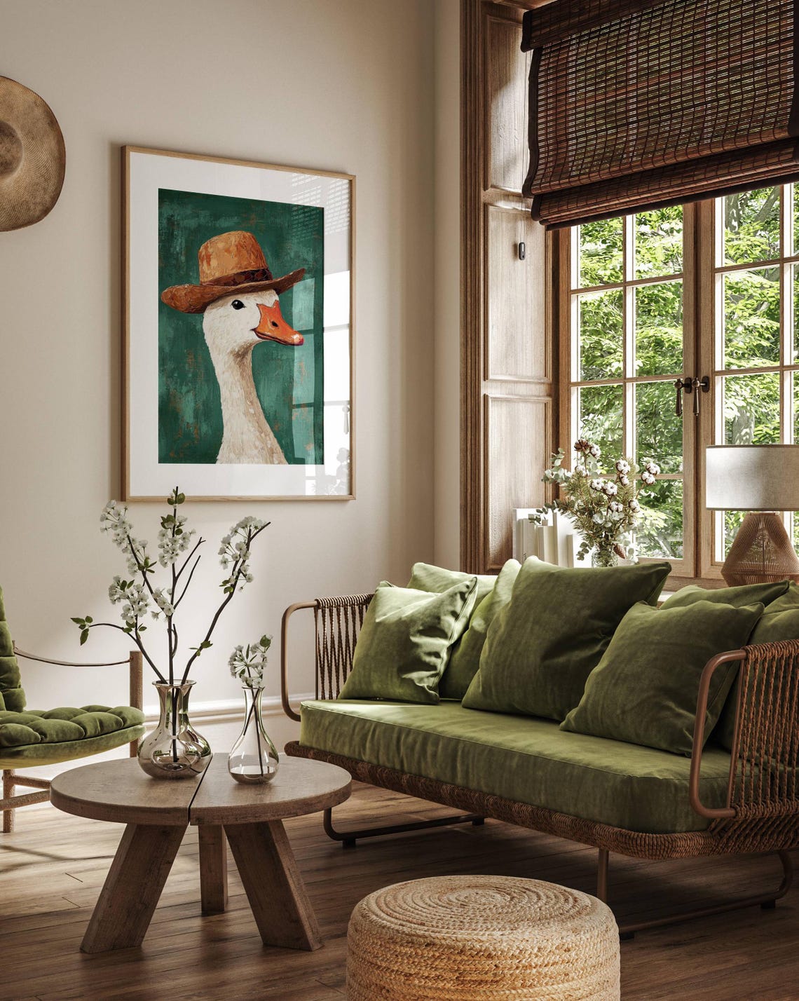 Goose Wearing Brown Hat Funny Portrait Green Background Poster - Image 4