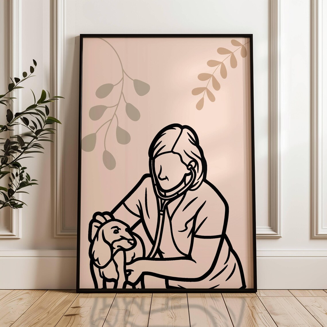 Veterinarian Examining Puppy Minimalist Line Art Clinic Poster