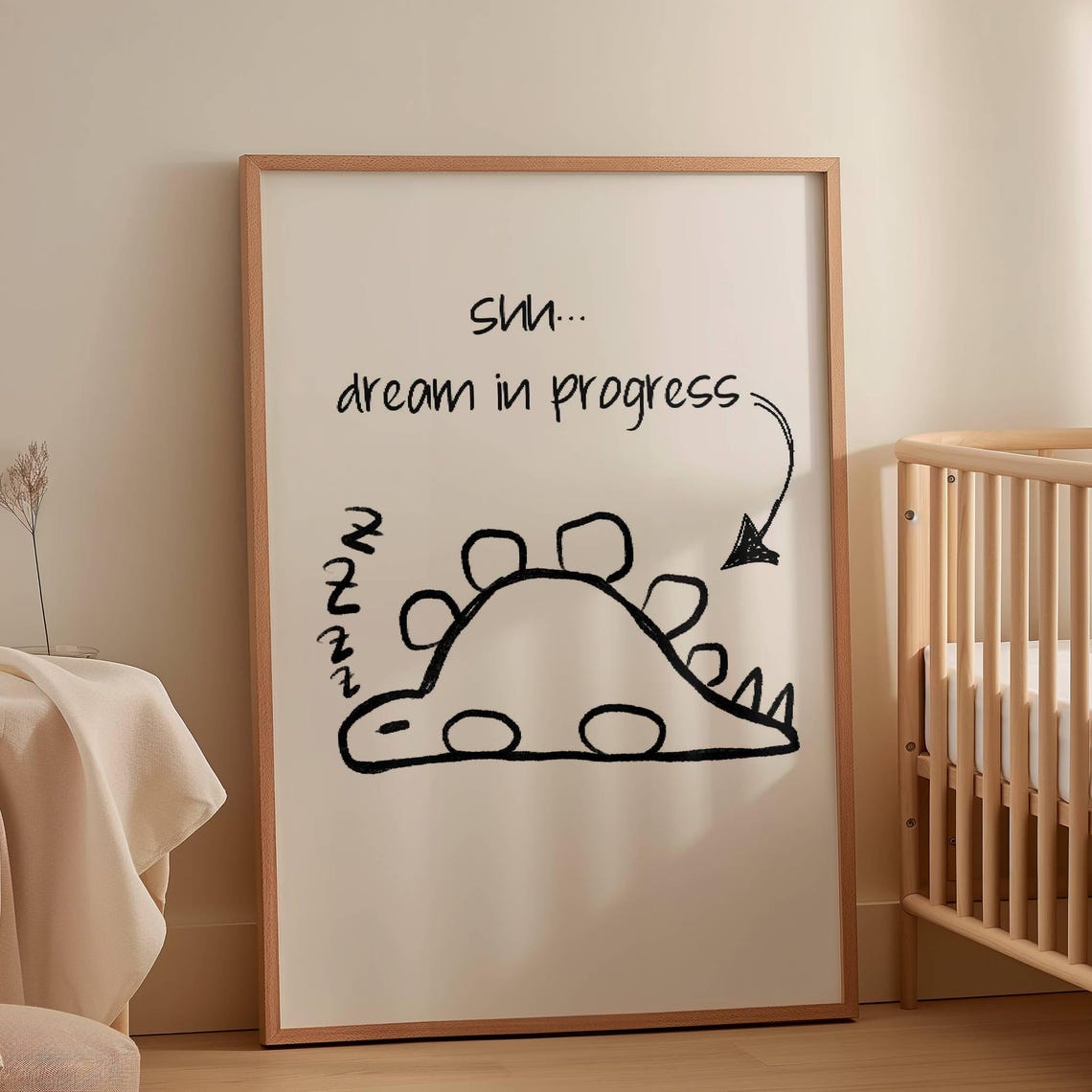 Shh Dream In Progress Sleeping Dinosaur Line Art Cute Nursery Poster - Image 4