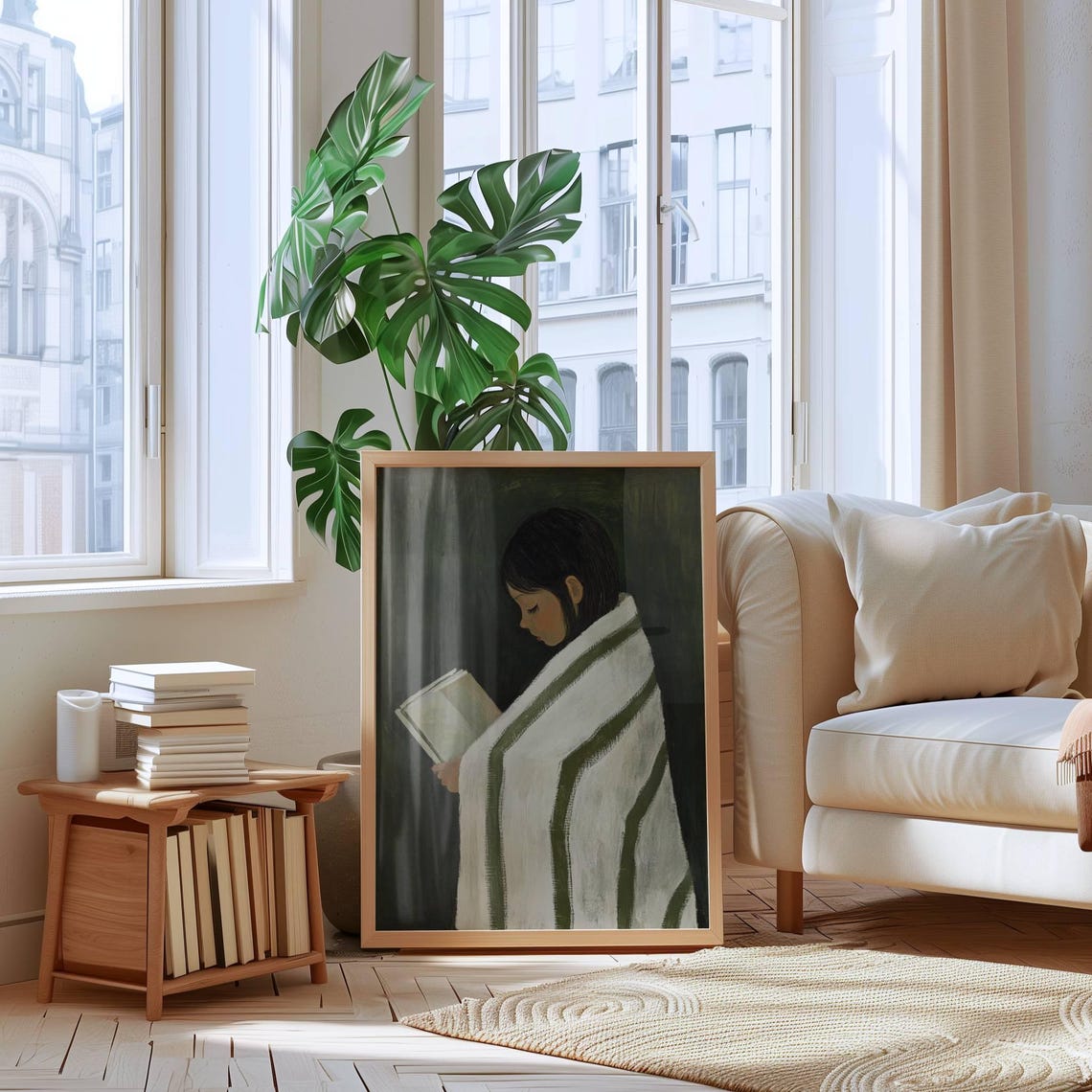 Girl Reading Book Wrapped In Striped Blanket Moody Green Art Poster - Image 4