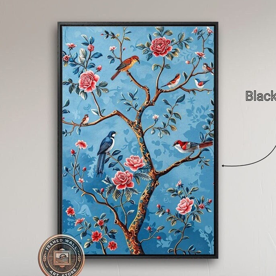 Chinoiserie Rose Tree Colorful Birds Sky Blue Oriental Art Poster