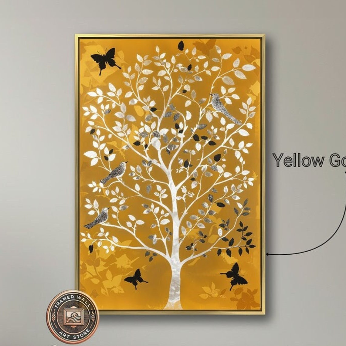 White Tree Black Butterflies Birds Golden Background Nature Art Poster