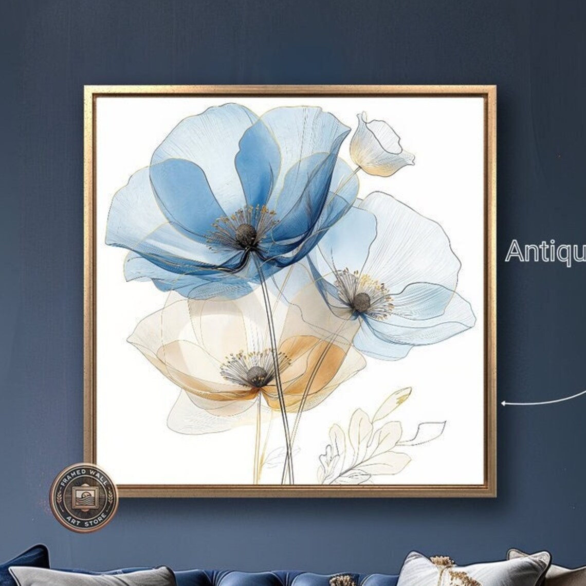 Blue and Beige Flowers, Modern Botanical Art Print