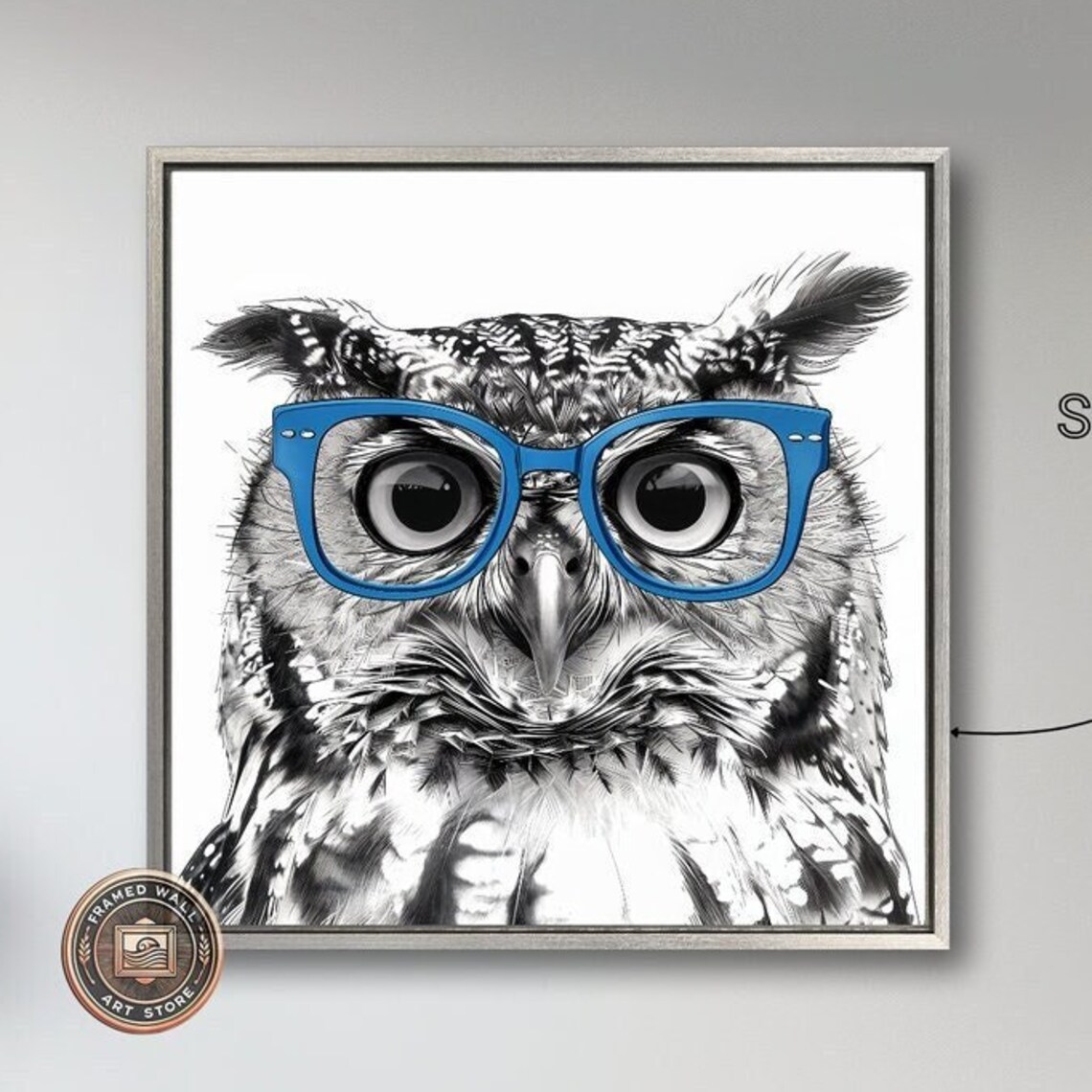 Owl With Blue Glasses, Black And White Art Print