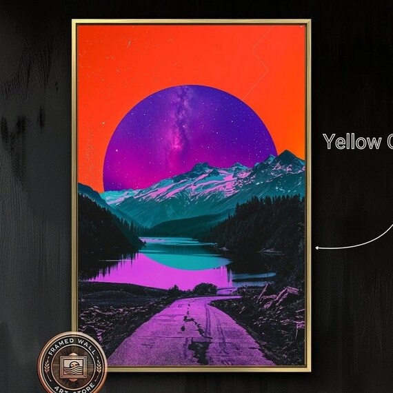 Surreal Landscape Framed Print Futuristic Road To The Lake And Mountain Wall Art Neon Hues Poster Abstract Decor Ready To Hang