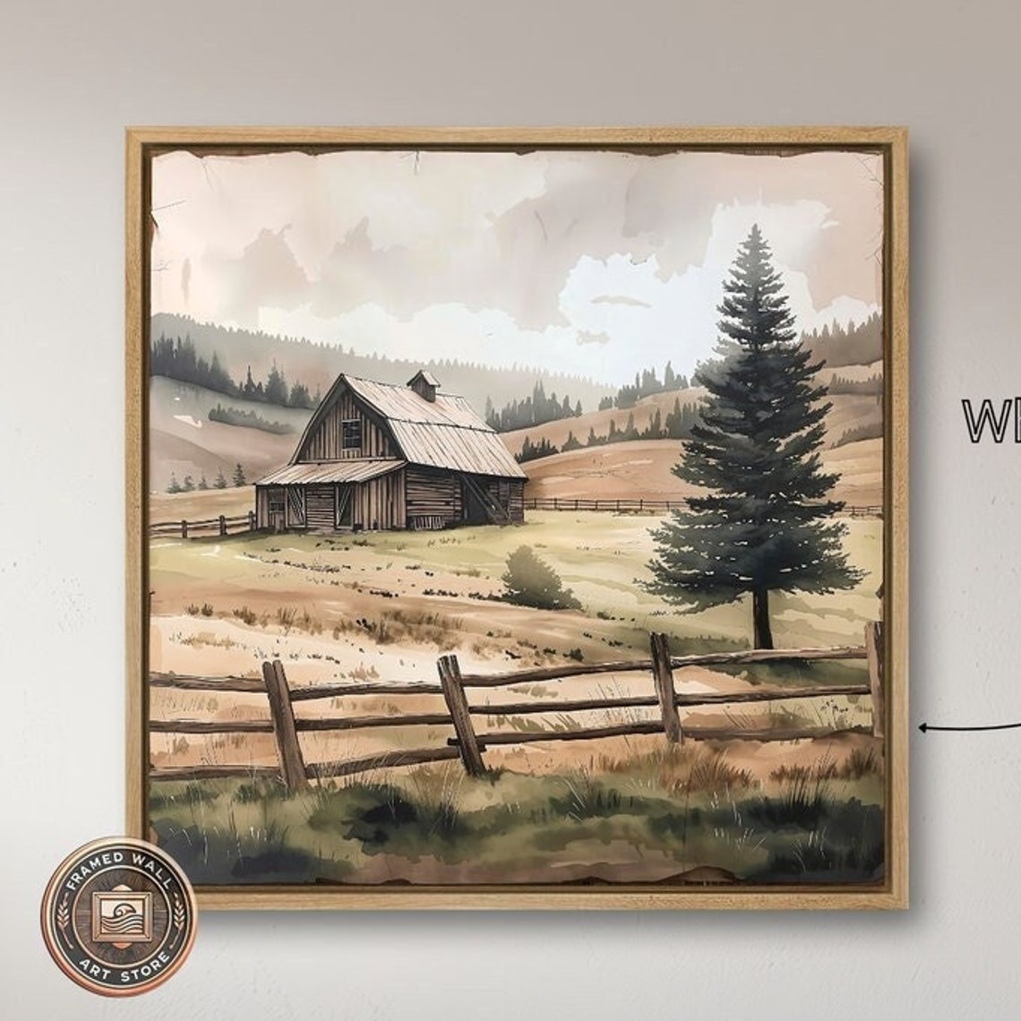 Rustic Wooden Barn Pine Tree Rolling Hills Watercolor Art Poster