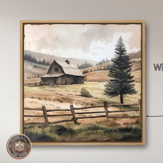 Rustic Barn In Countryside Framed Print Rural Landscape Wall Art Rolling Hills Painting Print Farmhouse Decor Ready To Hang