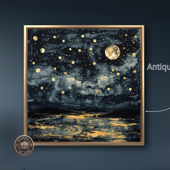 Moonlit Sky Full Of Stars Framed Print Celestial Wall Art Abstract Black And Gold Painting Print Mystical Decor Ready To Hang